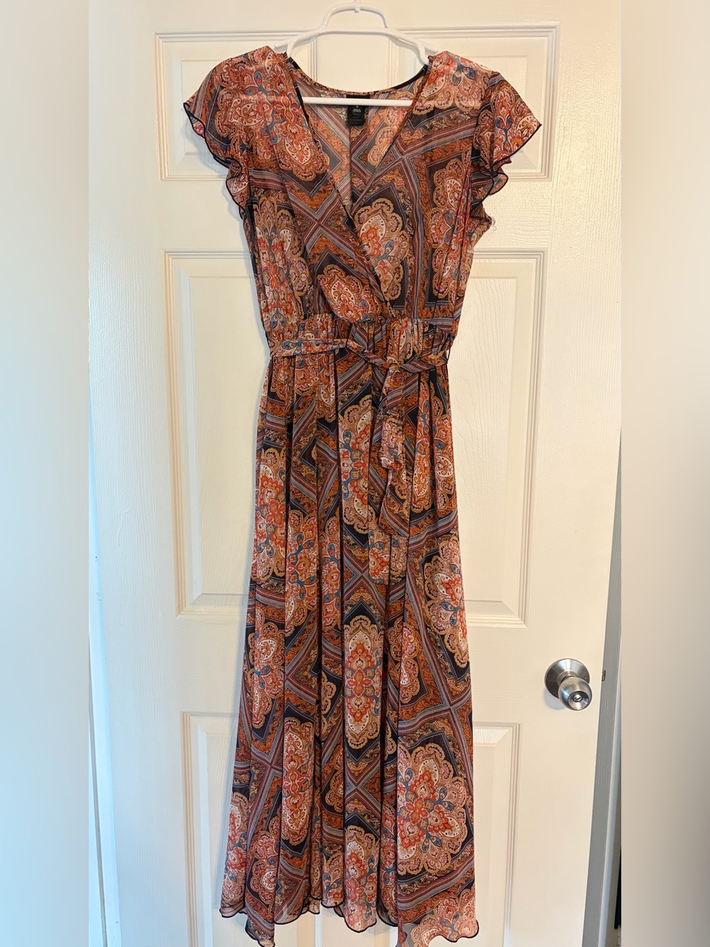 Paisley Belted Crinkle Georgette Midi Dress